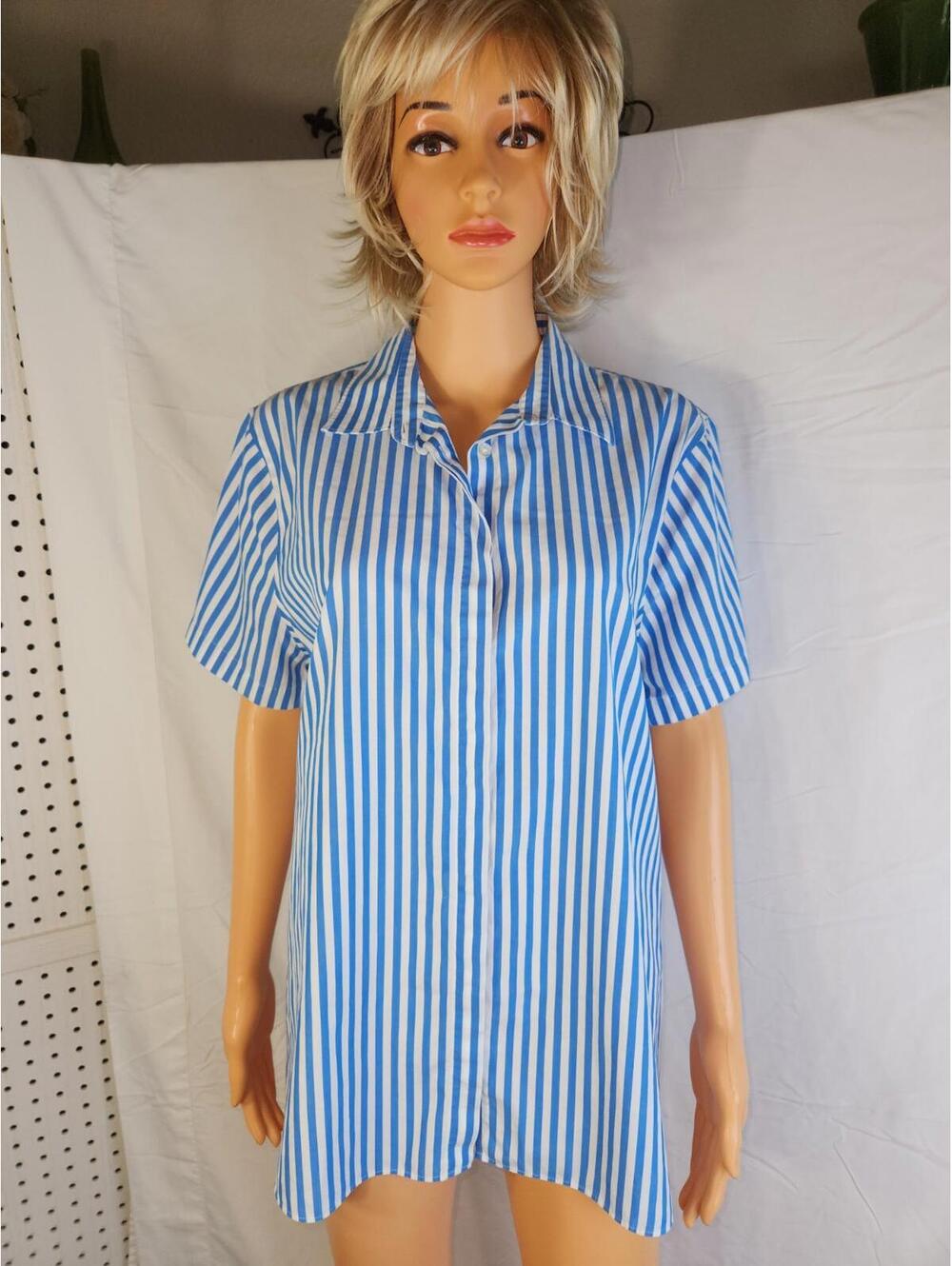 Land's End 18 Boyfriend Long Shirt, Blue & White Stripped
